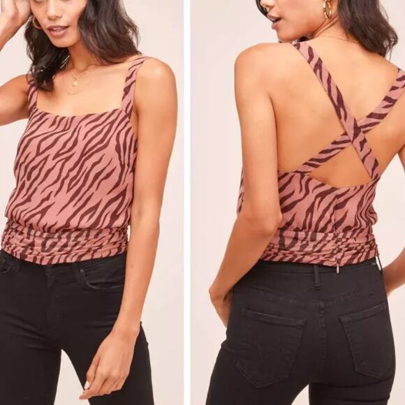 ASTR The Label Cross Back Tank Top XL Zebra Animal Print Pleated Pink Brown NEW - Picture 1 of 12